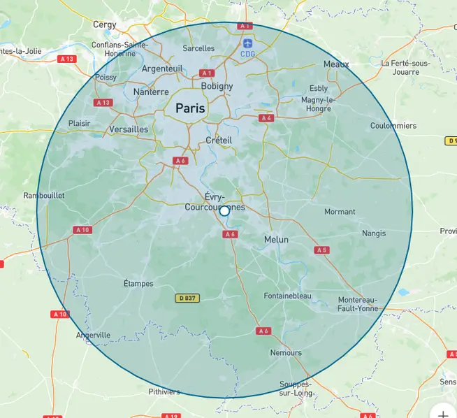 Carte de l'Essonne (91) avec ses chefs-lieux, Paris et l'agence Klivio d'Orgeval