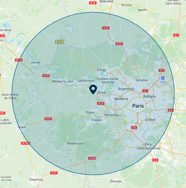 Zone d'intervention de l'agence Klivio Orgeval, 50 km autour d'Orgeval (78)