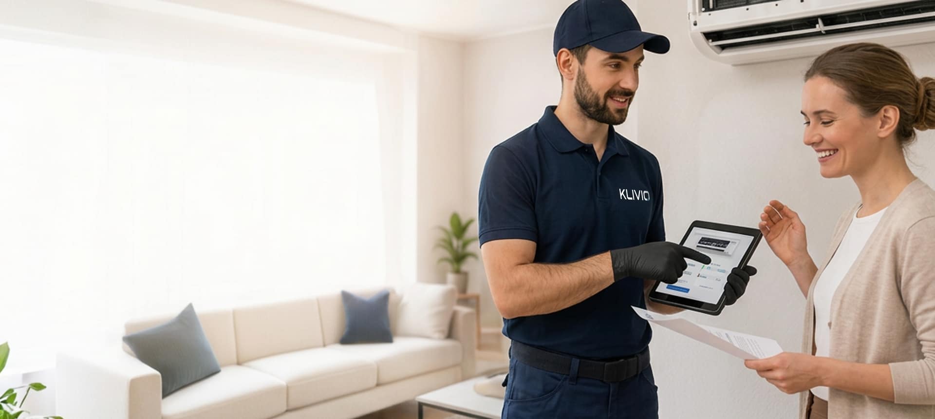 Technicien Klivio présentant un devis sur tablette à une cliente, devant une unité murale
