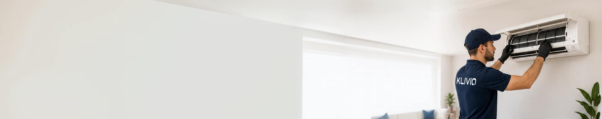 Technicien Klivio installant une unité murale de climatisation dans un salon
