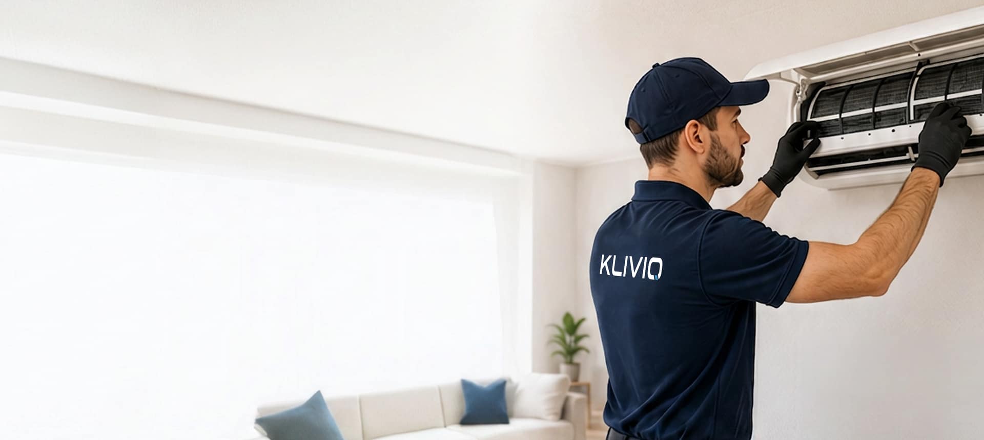 Pose d'une unité extérieure de pompe à chaleur air-air par un technicien Klivio