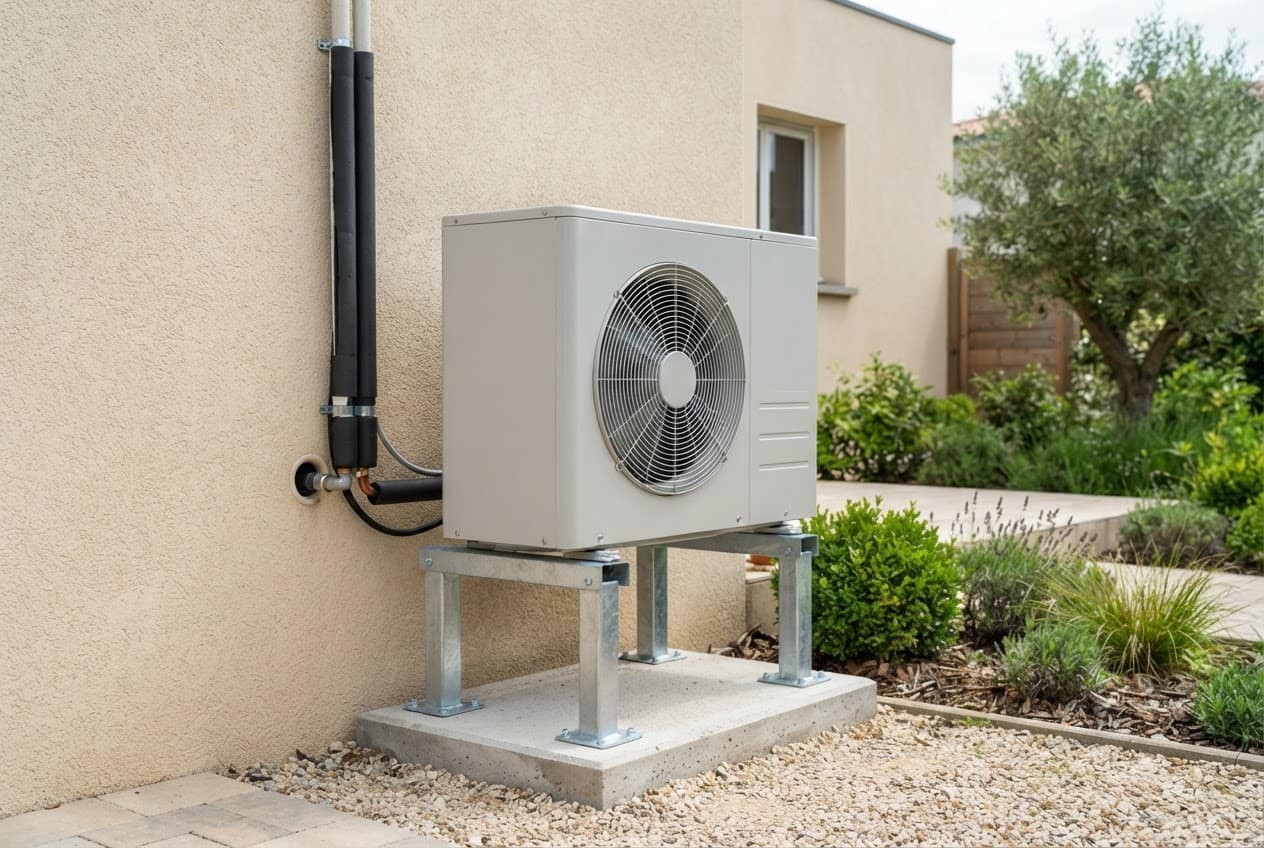 Unité extérieure de pompe à chaleur air-eau posée sur supports devant une maison